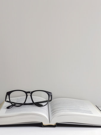 A black-framed pair of reading glasses sits atop an open book, the pages spread out against a white background.の素材