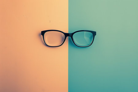 A pair of black eyeglasses with clear lenses sits on a surface split in half between a peach and teal color.の素材