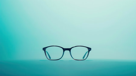 A pair of black eyeglasses rest on a smooth, turquoise surface. The eyeglasses have clear lenses.の素材