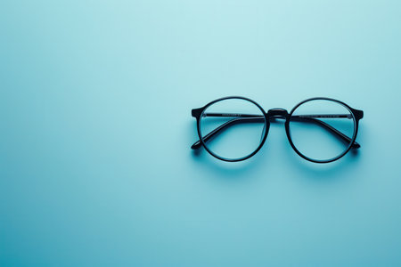 Black round eyeglasses rest on a blue background.の素材