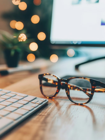Tortoiseshell eyeglasses sit on a wooden desk, next to a keyboard. The desk is near a computer monitor.の素材