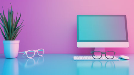 A clean and minimalist desktop setup with a computer, keyboard, mouse, plant, and glasses in front of a pink and blue gradient background.の素材
