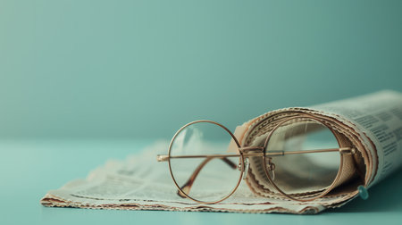 A rolled-up newspaper with round eyeglasses laying on a light blue surface.の素材