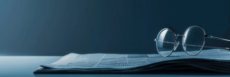 A pair of round glasses lies on a folded newspaper against a dark blue background.の素材