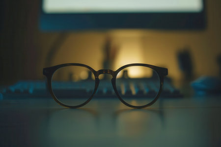 Black eyeglasses rest on a desk with a computer monitor in the background.の素材
