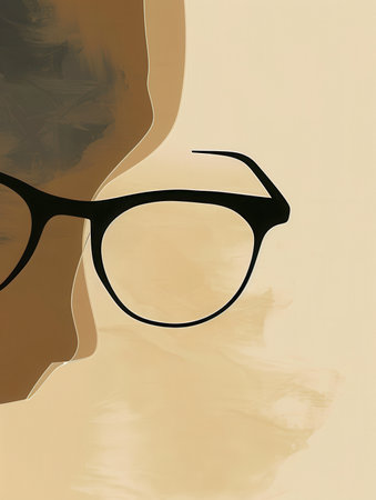 A pair of black eyeglasses with round lenses are in the foreground, with a blurred brown and beige background.の素材