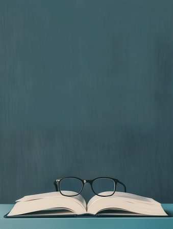 An open book with glasses resting on top of it sits on a teal surface in front of a dark teal wall.の素材