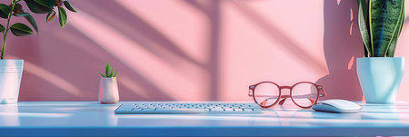 A white keyboard, glasses, and mouse on a white desk in front of a pink wall with plants. Sunlight streams through the window casting shadowsの素材