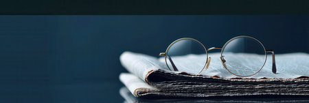 A pair of round eyeglasses rests on a stack of folded newspapers.の素材