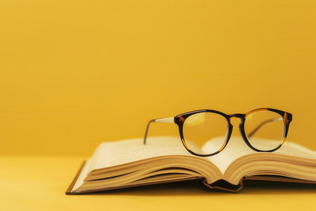 A book lies open on a yellow background with glasses resting on the pages.の素材