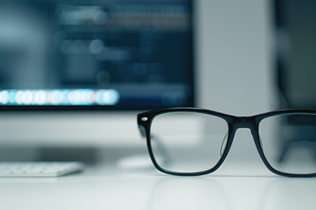 Black eyeglasses rest on a white desk in front of a computer monitor with a blurred screen.の素材