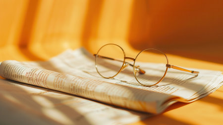 A pair of round, gold-rimmed glasses rest on a folded newspaper in the warm light of the sun.の素材