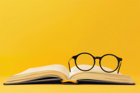 An open book with glasses resting on top of it, set against a bright yellow background.の素材
