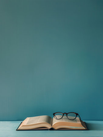 A book lies open on a blue surface with eyeglasses resting on the pages.の素材