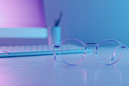 A pair of eyeglasses with clear frames sits on a white desk, a blurred keyboard and computer screen are visible in the background.の素材