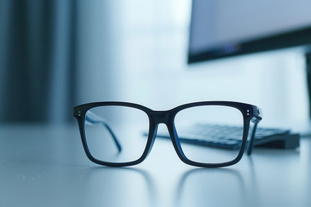 Black eyeglasses rest on a white desk in front of a computer monitor.の素材