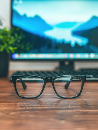 Black eyeglasses are sitting on a wooden desk in front of a computer screen displaying a blurry image of mountains and a lake.の素材
