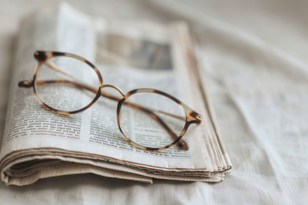 A pair of tortoise shell eyeglasses rests on a folded newspaper.の素材