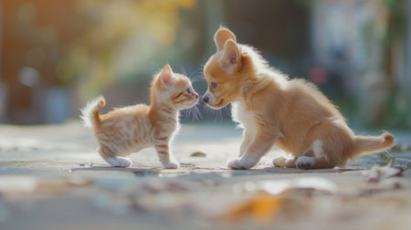 A small kitten and a puppy are facing each other on a sunny day.の素材