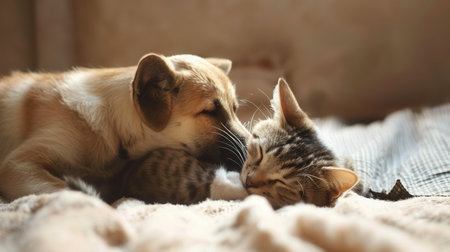 A dog and cat nap together on a soft blanket, bathed in warm sunlight.の素材