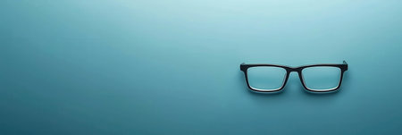Black eyeglasses rest on a blue surface.の素材