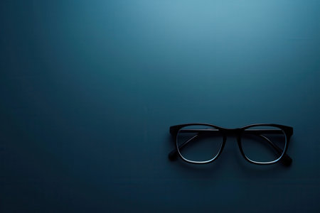 Black eyeglasses sit on a dark blue surface, reflecting light.の素材
