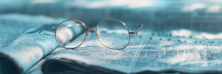 Eyeglasses rest on a folded newspaper with a blue light shining on the scene.の素材