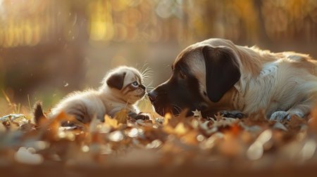 A playful kitten sits in a bed of autumn leaves, looking up at a friendly dog that is laying down nearby.の素材