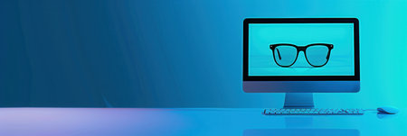 A desktop computer with a keyboard and mouse is on a desk. The screen is displaying an image of a pair of glasses.の素材