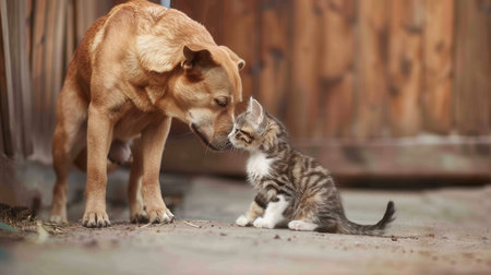 A brown dog gently sniffs a small tabby kitten outdoors.の素材