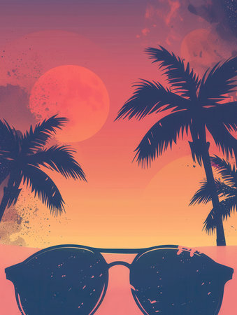 A pair of sunglasses are sitting on a beach with palm trees in the background and a large orange sun setting in the sky.の素材