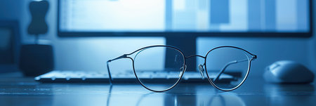 A pair of glasses rests on a desk in front of a computer monitor and a computer mouse. The desk and background are lit in a blue hue.の素材