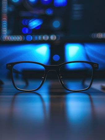 A pair of black eyeglasses sits on a desk, reflecting the blue light from a computer screen in the background.の素材