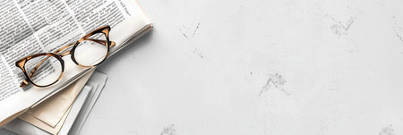 A pair of brown cat eye glasses sits on top of a stack of newspapers on a white surface.の素材