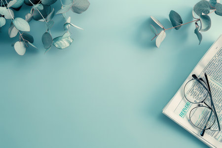 Eucalyptus branches, reading glasses, and a book lie on a light blue surface.の素材