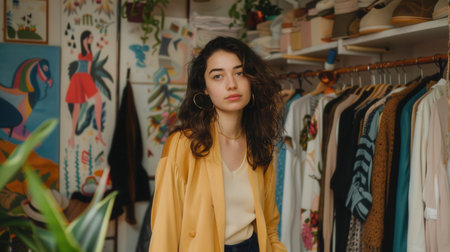 A woman with long dark hair wears a yellow jacket and looks directly at the camera. She is standing in a closet with colorful clothes hanging on hangers.の素材