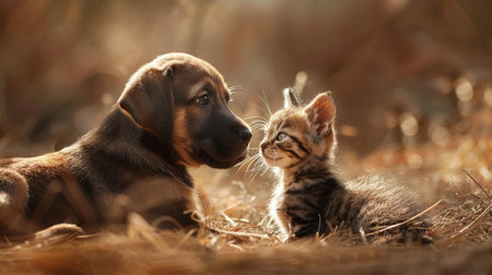 A brown puppy and a tabby kitten look at each other in a field of dry grass and leaves.の素材