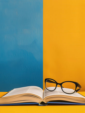 A book lies open on a yellow surface, with a pair of glasses resting on its pages. The background features a split of blue and yellow.の素材