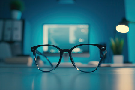 A pair of black framed glasses rest on a desk in front of a blurry computer screen in a room with blue walls.の素材