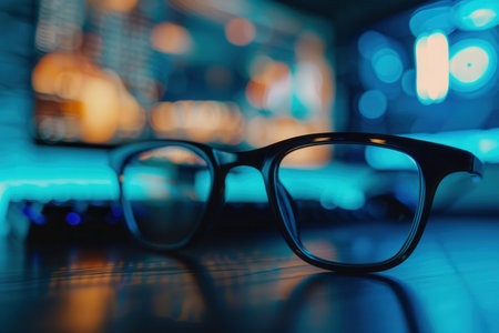 Close-up of eyeglasses lying on a wooden desk, a blurred blue screen behind them.の素材