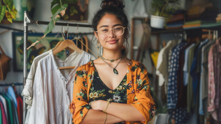 A young woman with glasses and a floral blouse stands confidently in a clothing store. She is surrounded by clothing racks and various items for sale.の素材