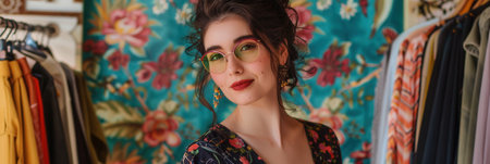 Smiling woman in green glasses wears black floral dress in front of clothes rack. Colorful floral tapestry in backgroundの素材