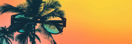 Palm trees in silhouette against a sunset sky with black sunglasses laying on top.の素材
