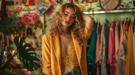 A young woman in a yellow blazer and a lacy crop top poses with her hand in her hair, standing in front of a clothes rack in a colorful, eclectic room.の素材