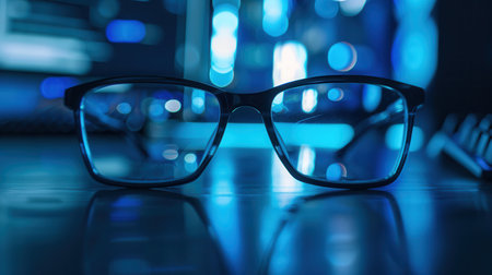 Black framed eyeglasses lay on a dark surface, reflecting blue lights in the background.の素材