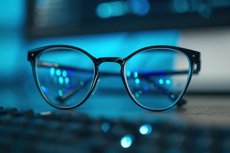 Black eyeglasses lay on a keyboard, with the blue glow from a computer screen reflecting in the lenses.の素材