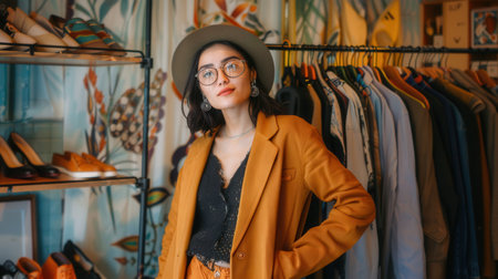 In a clothing store, a young woman with dark hair wears a brown hat and long orange blazer while looking at the camera, hand in pocketの素材