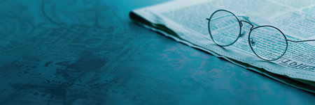 A pair of round glasses rests on a folded newspaper, with the newspaper sitting on a blue surface.の素材