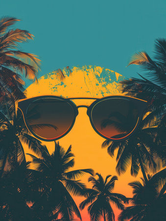 Silhouettes of palm trees stand before a setting sun, partially obscured by a pair of sunglasses.の素材