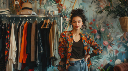 A young woman with dark hair and floral patterned blazer stands in front of a clothing rack with her hand on her hip.の素材